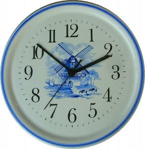 Keramik Wanduhr Motiv Delft Windmühle hellblau Quarzuhr