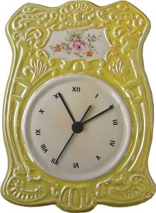 Porzellanuhr gelbe Zsolnay Uhr gelb irisiert Pink Blumen röm.Z