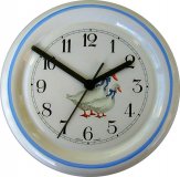 Keramik Wanduhr Gänsemotiv Blaurand kleine runde Quarzuhr