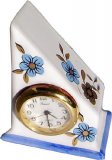 Keramik Miniaturuhr Dreieck hellblau-gold Blumen-Blätter Quarz