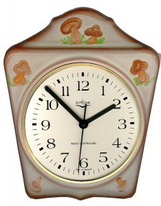 Keramik Küchenuhr: Topf Gemüse Champignon handbemalt,Braunrand,