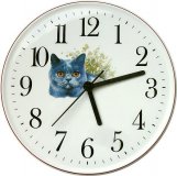 Keramik Wanduhr Motiv graue Katze, Bernstein Augen hellbraunrand