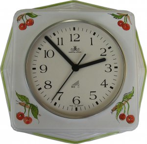 Keramik Küchenuhr Artline Kirschen handgemalt,, Grünrand Funkuhr