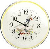 Keramik Wanduhr Motiv Gänsepaar, Gelb-blau handbemalt