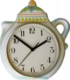 Keramik Kaffeekannen-Uhr Türkis-Orange Blumen handbemalt Funkuhr