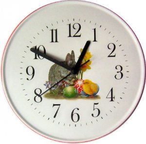 Keramik Wanduhr für Ostern (Motiv Hase mit Kücke und Narzissen)