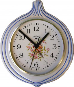 Keramik Küchenuhr Zwiebelform Vogedekor beige mit rosa Blumen