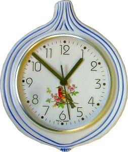 Keramik Küchenuhr Zwiebelform rot-blau Vogeldekor m.Zierung Funk