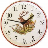 Keramik Wanduhr Hirsch im Wald, groß, Braunrand Quarzuhr