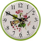 Keramik Wanduhr Vogelpaar bunt, Pinkblumen,Blättern,Grünrand, Qu