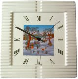 Keramik Wanduhr(Naive Malerei: Winter Bauerhof im Schnee Quarzu