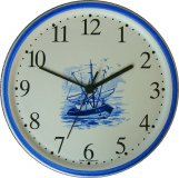 Keramik Wanduhr Motiv Delft Fischkutter lblau Quarzuhr