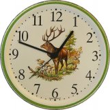 Keramik Wanduhr Hirsch im Wald, groß, Grünrand Quarzuhr