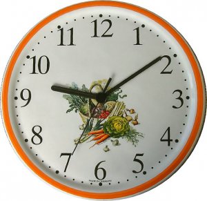 Keramik Wanduhr "Korb mit Wirsing" Orangenrand, Quarzuhr