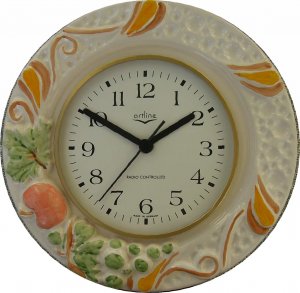 Keramik Küchenuhr Relief Apfel Traube handgemalt Funkuhr