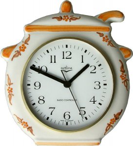 Keramik Suppentopf-Uhr Orangen-Braun Blumen handgem. Funkuhr