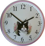 Keramik Wanduhr Katze schwarz-weiß hellrosa Rand Quarzuhr