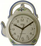Keramik Teekannen-Uhr Blaue Blühmchen handbemalt Funkuhr