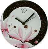 Keramik Wanduhr rund schwarze Ramd Rosa Blumendekor Quarzuhr